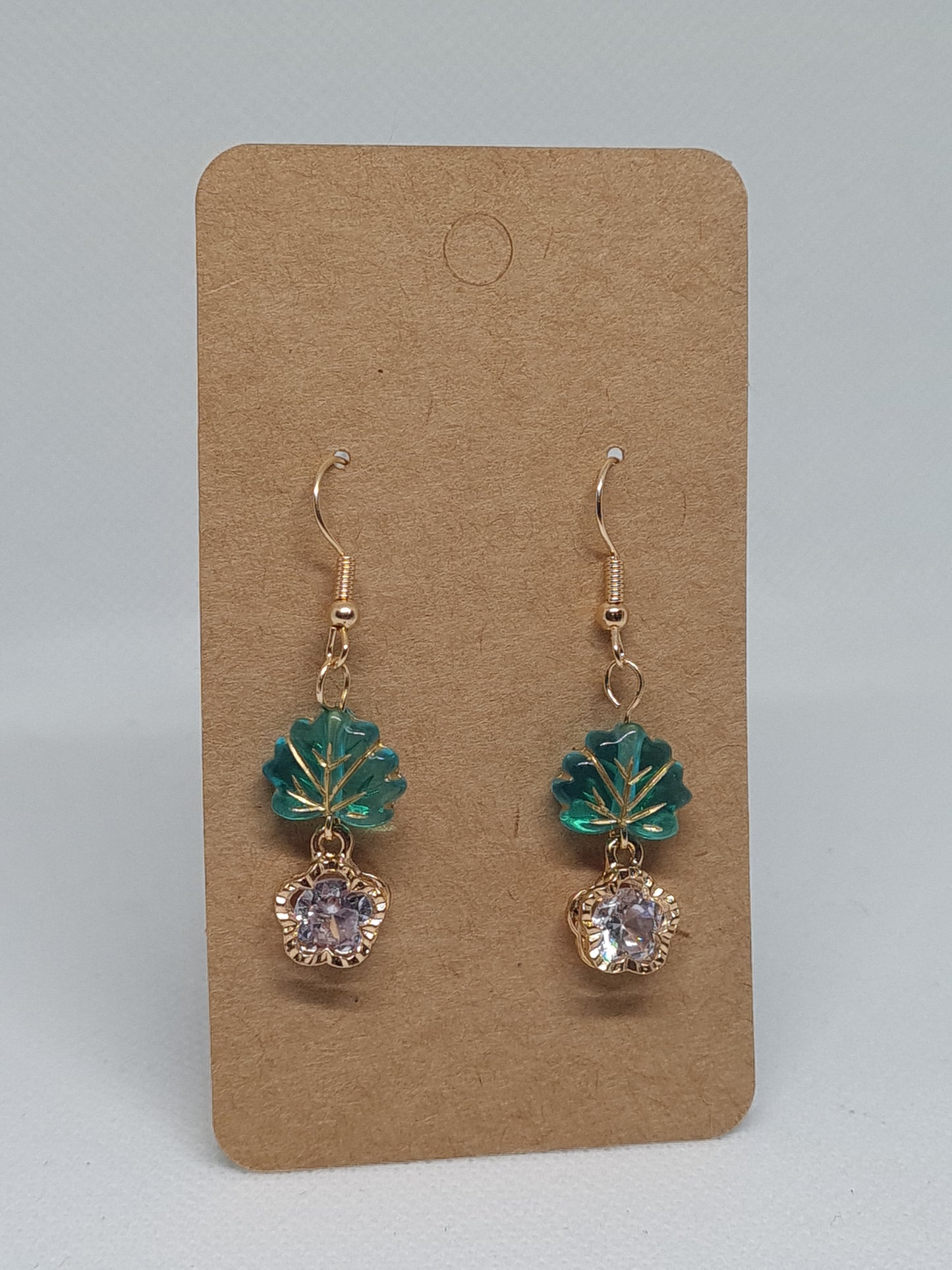 Green leaf earrings, gold